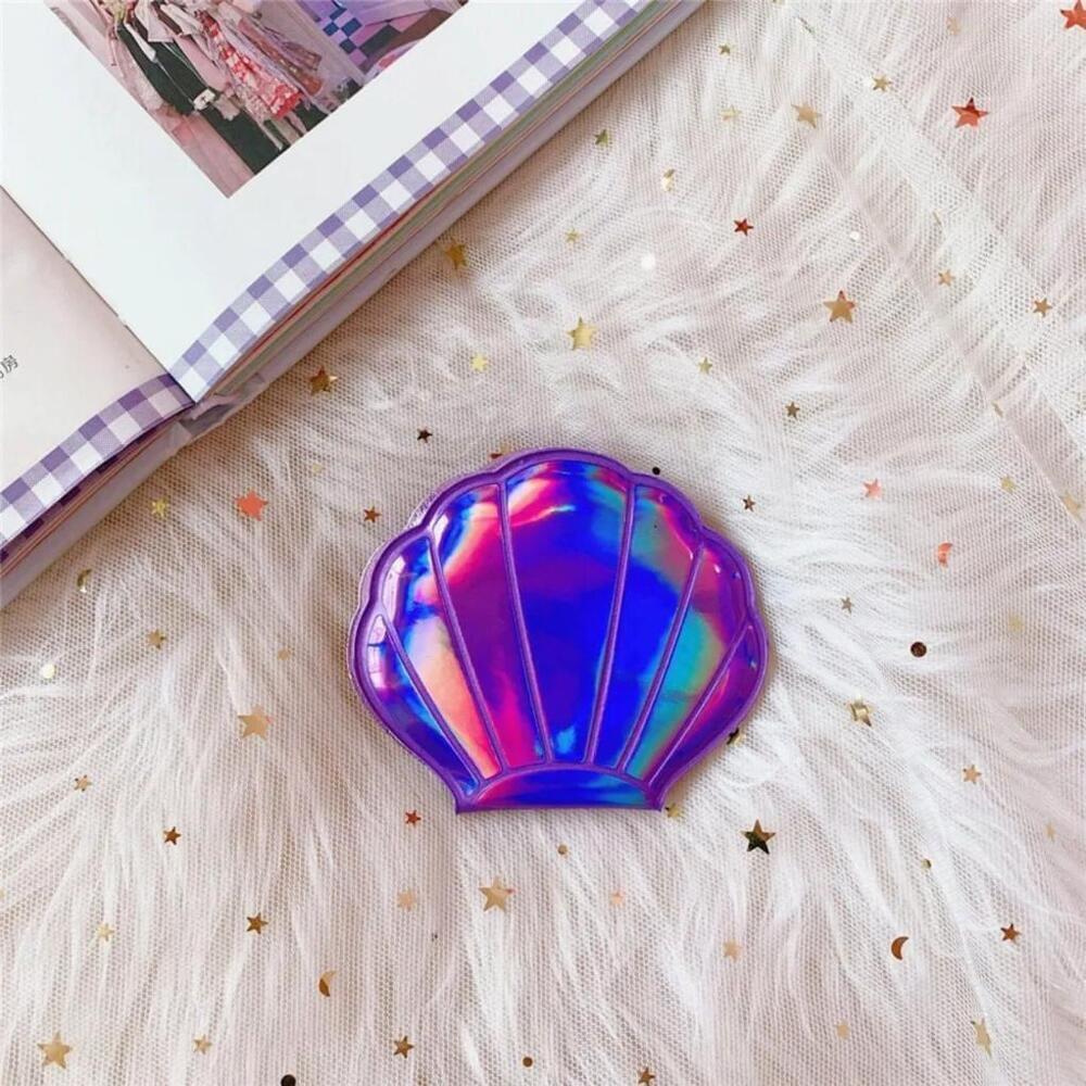 Double Sided Seashell Shaped Makeup Mirror In Holographic Purple